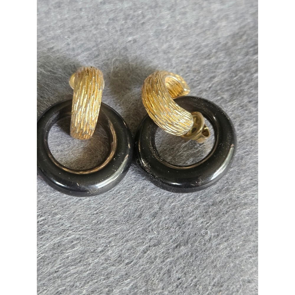 Vintage Avon Gold Tone Textured Black Lucite Door Knocker Clip On Earrings